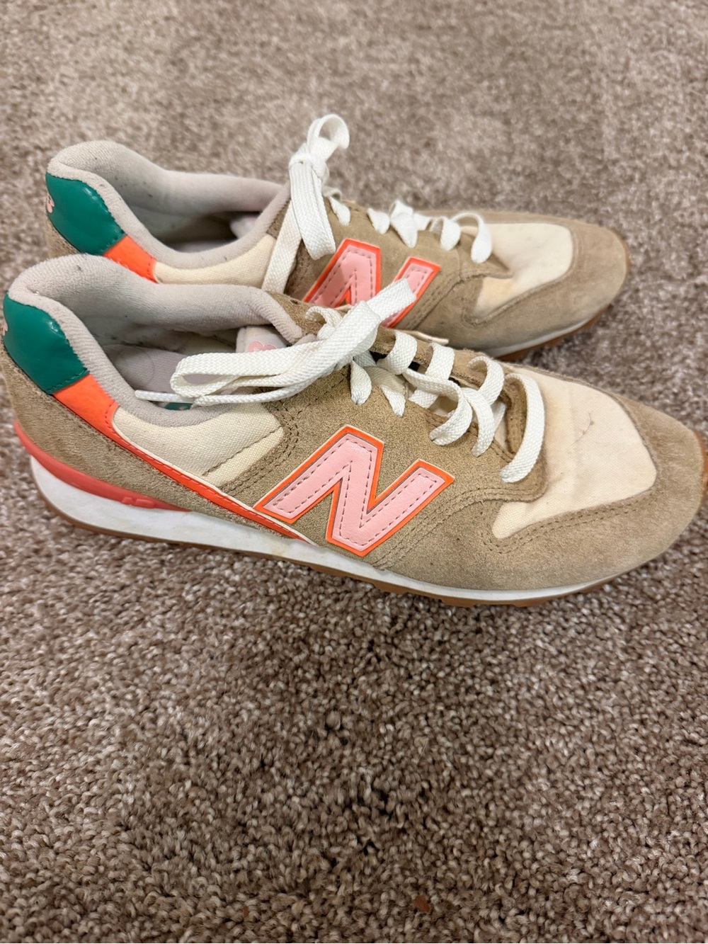 New Balance Women’s Beige Suede Sneakers with Pink & Orange Accents